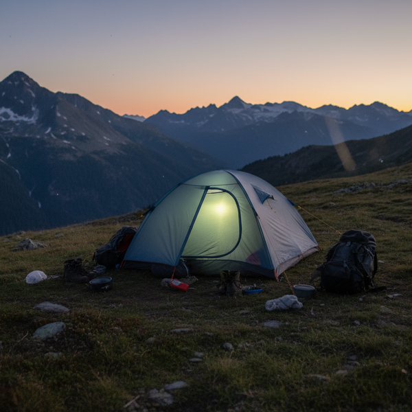 crea una foto di una tenda in mezzo alle montagne, foto brutta come se fosse ugc