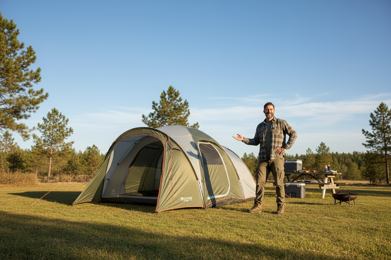 tenda finita e montata con uomo felice