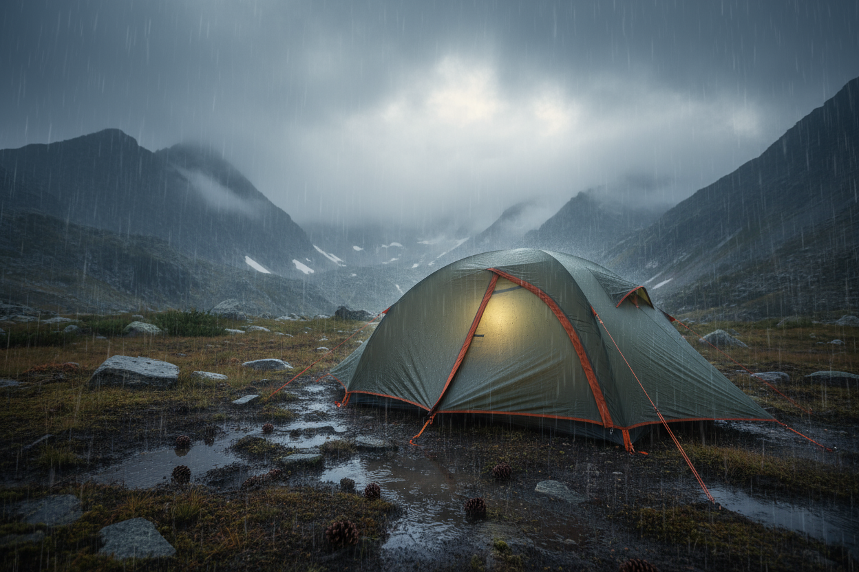 tenda in montagna con pioggia