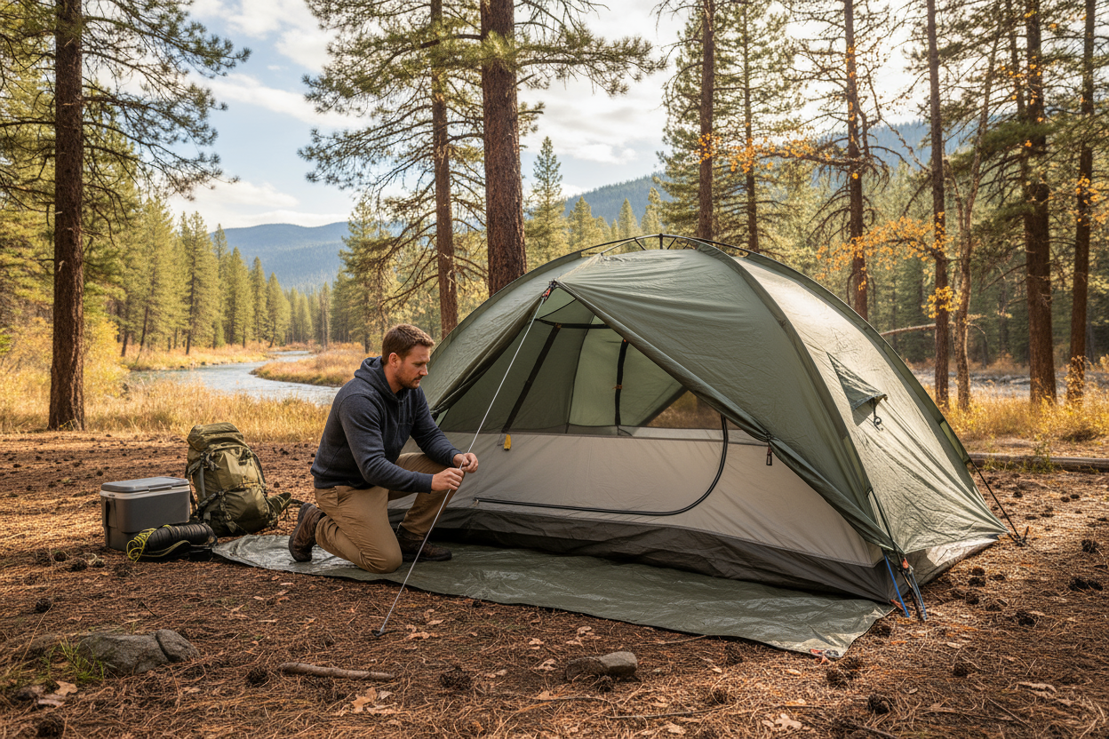 uomo con tenda quasi montata